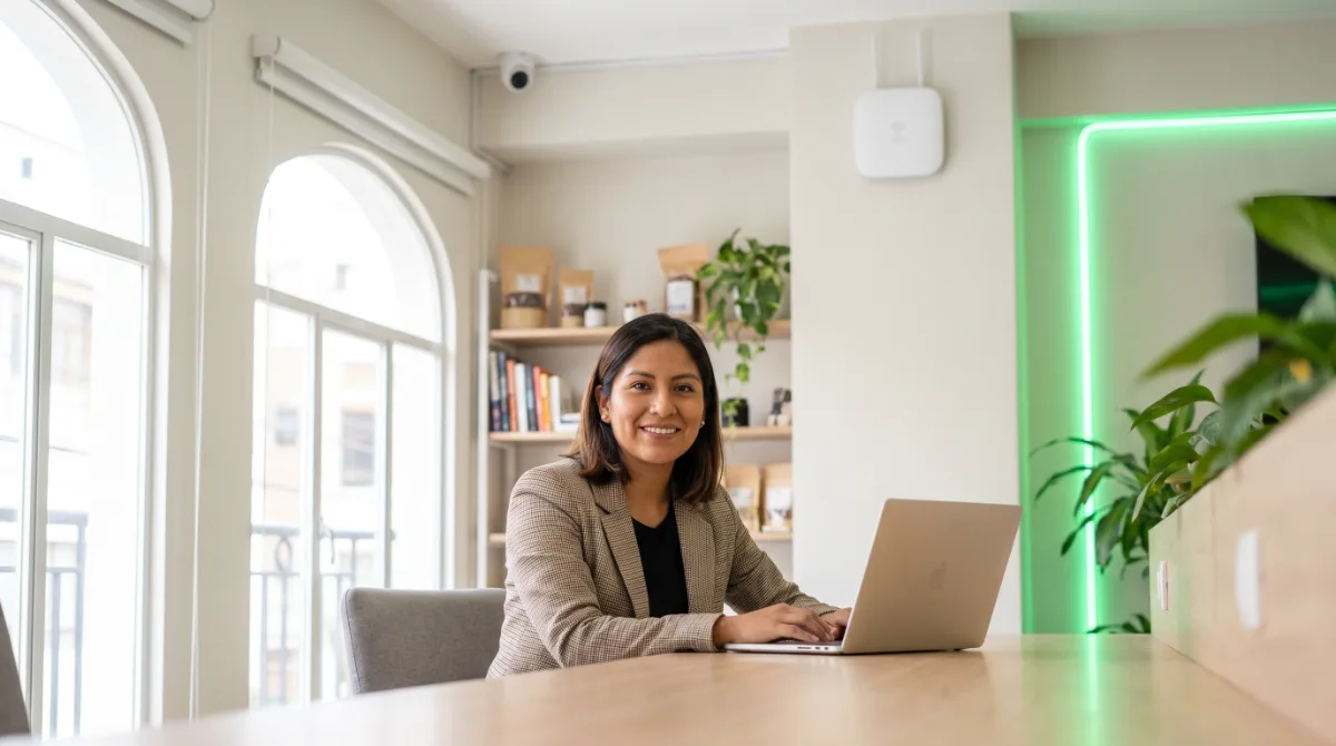Negocio conectado con internet Airwiz — emprendedora trabajando con WiFi y cámara de seguridad