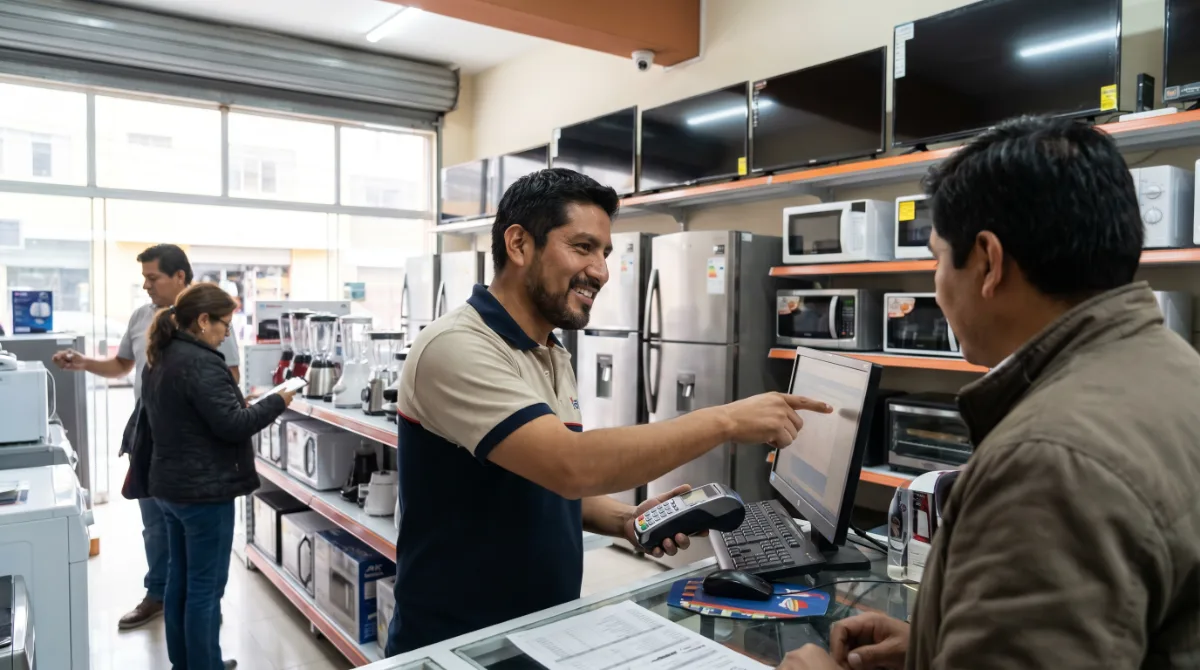 Negocio conectado con internet Airwiz — tienda de electrodomésticos atendiendo una venta con POS