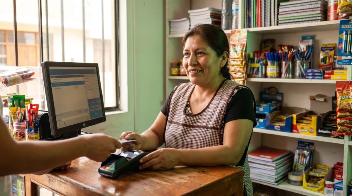 Negocio conectado con internet Airwiz — comerciante atendiendo un pago con POS en su tienda